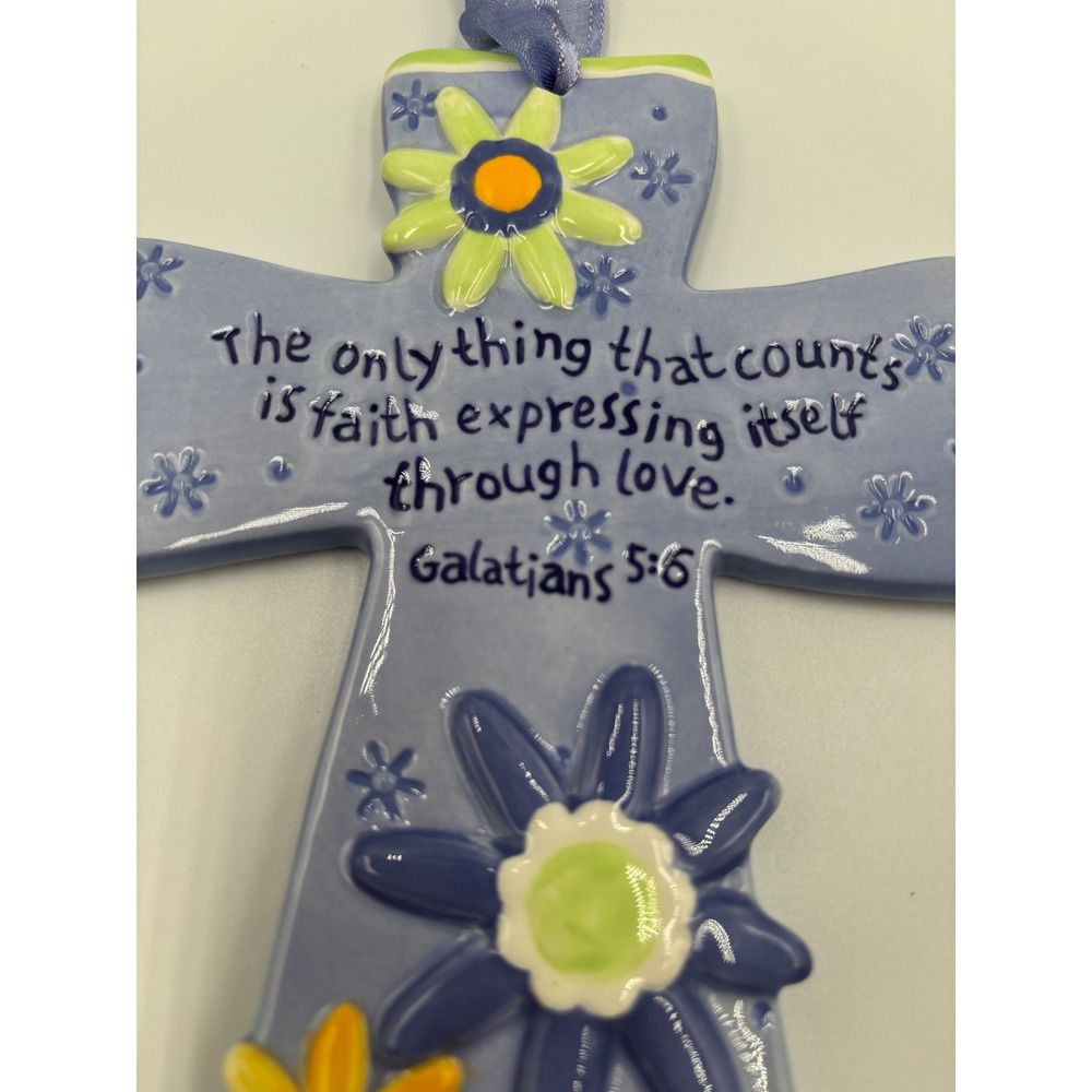 Zondervan Ceramic Wall Cross Galatians 5:6 Faith Love Floral Blue Religious Gift